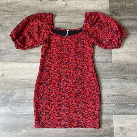 Free People Bodycon Dress Red Jacquard Balloon Sleeves Small Stretchy - Picture 3 of 10